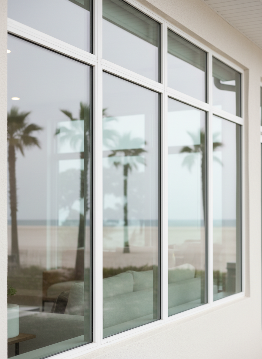 A close-up of a modern coastal home exterior showcasing large, crystal-clear impact windows with sleek white aluminum frames, the glass flawlessly smooth and slightly reflective. The windows dominate the wall, securely fitted into clean stucco, with subtle rubber gaskets visible along the edges, suggesting strength and airtight sealing. The scene is set on a bright but slightly overcast day, with diffused daylight revealing a calm, storm-ready mood. Palm trees and a soft-focus shoreline appear faintly reflected in the glass. Captured at eye level with photographic realism, the composition follows the rule of thirds, keeping the windows as the undeniable focal point while a blurred background hints at a safe interior, conveying protection and professionalism.