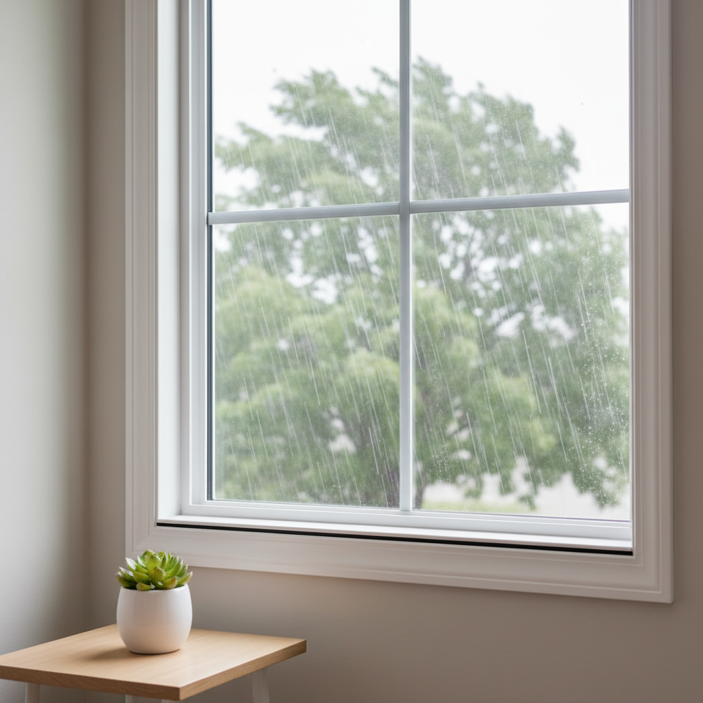 A detailed interior view of a living room corner where a large impact picture window dominates the wall, its multi-layered glass crystal clear yet subtly thicker at the edges. The frame is a smooth, satin-finished white vinyl with precise, sealed joints and a visible weatherstrip around the perimeter. Outside, rain streaks down in soft focus, while leaves on a nearby tree bend slightly in the wind. Inside, a light neutral wall and a minimalist side table remain undisturbed. Overcast daylight filters through the reinforced glass, casting soft, even illumination without harsh glare. The composition is at eye level, with a shallow depth of field that keeps the window in sharp focus while the stormy exterior blurs, conveying comfort, safety, and professional-grade hurricane protection.
