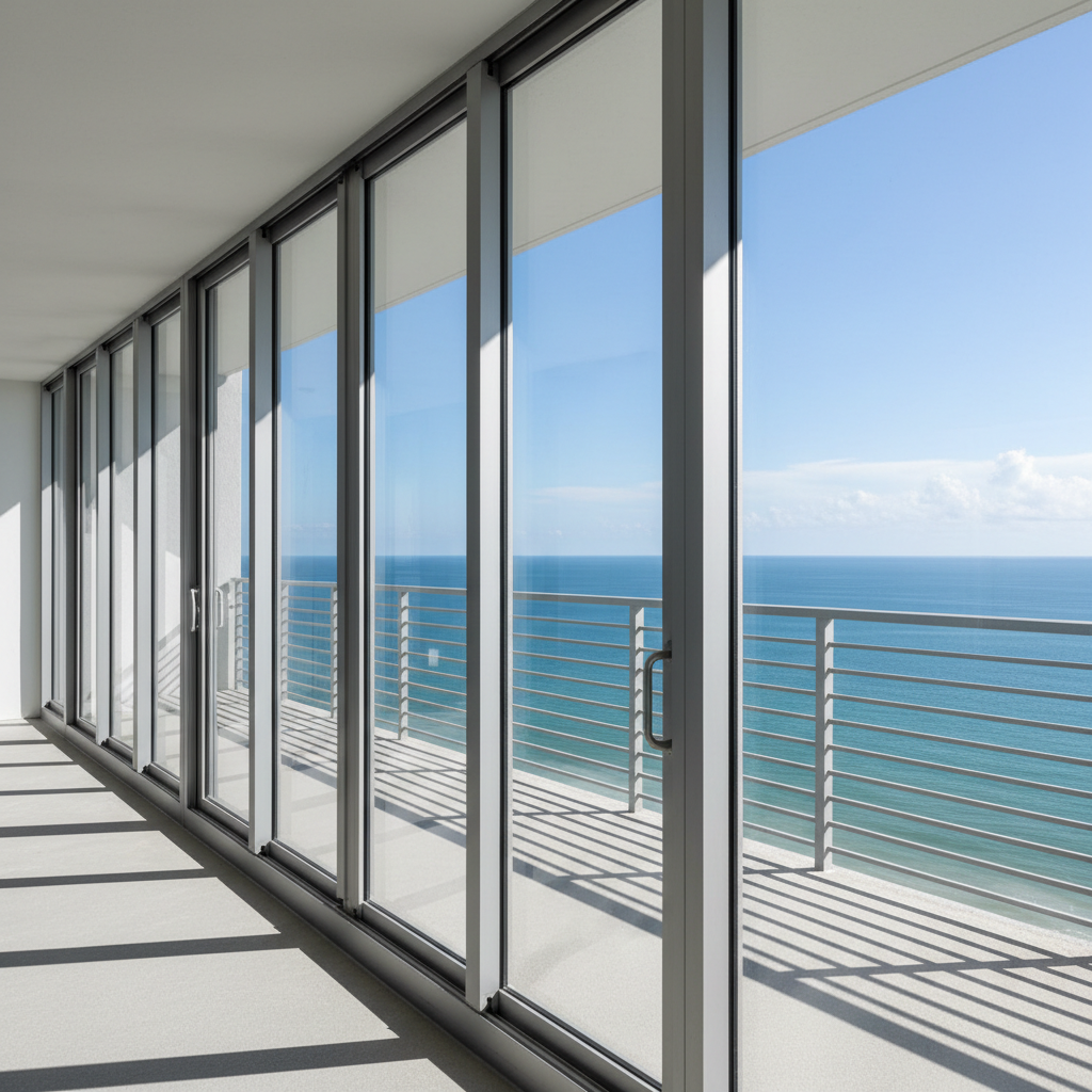 A high-end coastal condo balcony with floor-to-ceiling impact sliding glass doors, the thick laminated glass panels meeting seamlessly in polished aluminum tracks. The balcony rail casts precise lines across the lightly textured concrete floor. Beyond the doors, a distant, slightly blurred ocean horizon is visible under a bright, clear sky, suggesting potential storms yet to form. Sunlight rakes across the glass, revealing faint reflections and creating narrow highlights along the door handles and frame edges. Captured from a slightly elevated angle, the composition leads the eye along the sliding track toward the horizon. The mood is modern, confident, and secure, with photographic realism and a clean, professional aesthetic emphasizing premium storm-ready windows.
