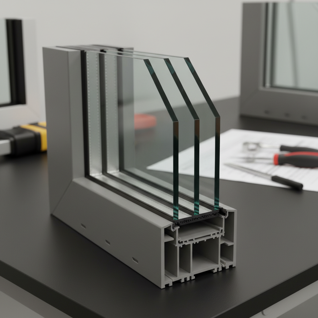 A technical close-up of an open impact window cross-section displayed on a clean, matte black workbench. The layered structure of the glass is visible, with two thick panes sandwiching a transparent interlayer, all seated snugly in a robust aluminum frame with multiple internal chambers. Tiny drainage channels and rubber seals are crisp and clearly defined. Neutral, bright studio lighting illuminates the materials evenly, creating subtle reflections on the glass edges and a gentle sheen on the metal. Shot from a slightly elevated, three-quarter angle with macro-like clarity, the composition isolates the window section against a softly blurred background of organized tools and sample frames. The photographic style is clinical, precise, and professional, ideal for illustrating the engineering behind storm-ready windows.