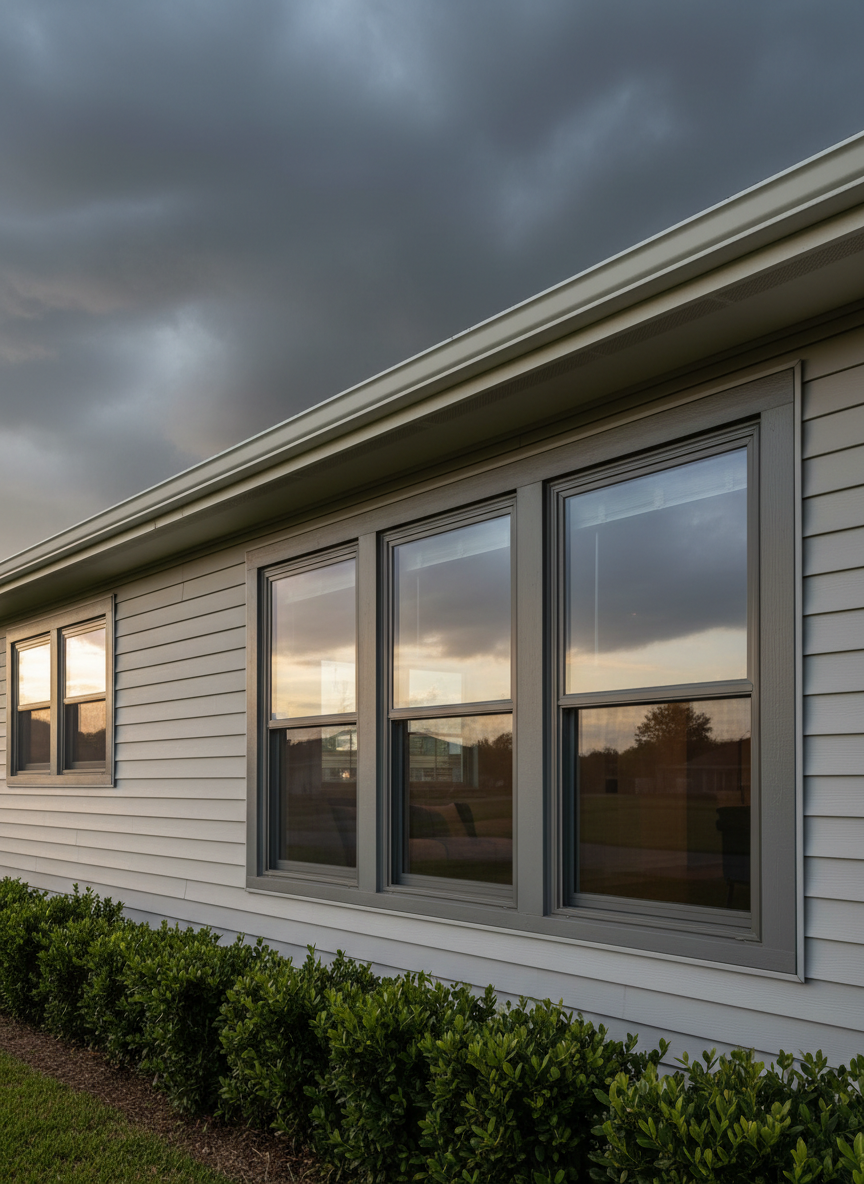 A sturdy single-story suburban house featuring newly installed impact windows, each pane thick and crystal clear, framed by matte charcoal hurricane-rated casements. The home’s light-gray siding and neatly trimmed shrubs emphasize a neat, prepared look. Dark storm clouds gather on the horizon, but warm interior light glows through the glass, hinting at safety within. Soft late-afternoon light illuminates the façade, creating gentle highlights on the window frames and subtle shadows along the siding. Shot from a slightly low, wide-angle perspective to emphasize the solid structure and secure windows, with sharp focus throughout. The photographic style is clean and realistic, projecting a calm, confident, storm-ready atmosphere suitable for a professional hurricane protection brand.
